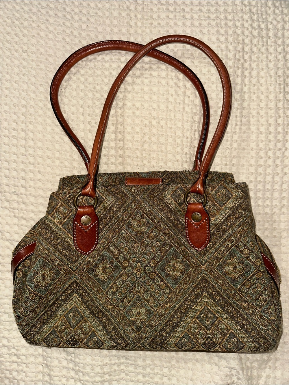 Fossil Tapestry Handbag with Brown Leather Trim